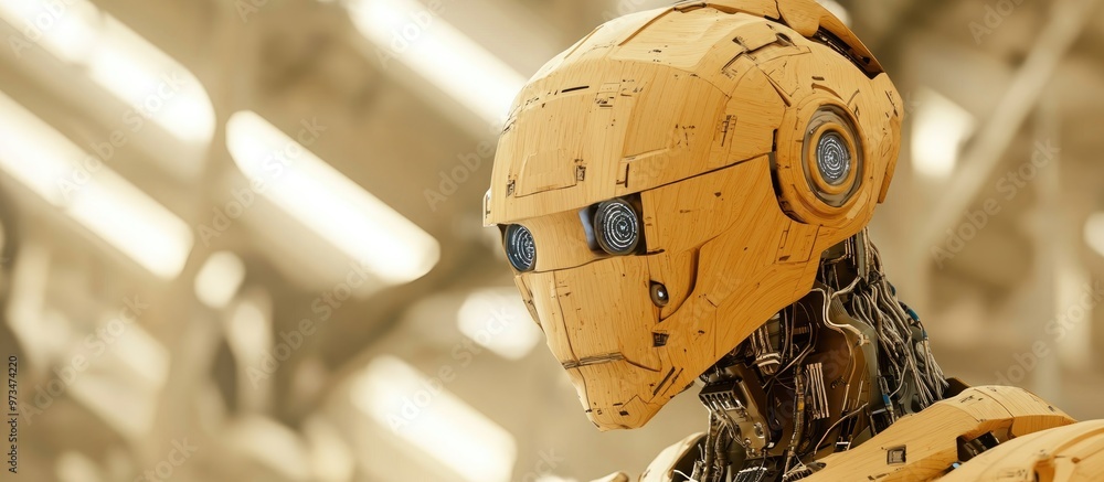 Aufkleber wooden robot utilizing a computer to operate artificial intelligence showcasing the fusion of techno