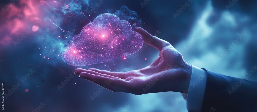 Poster businessman interacting with a cloud computing diagram displayed on his hand concept of technology i