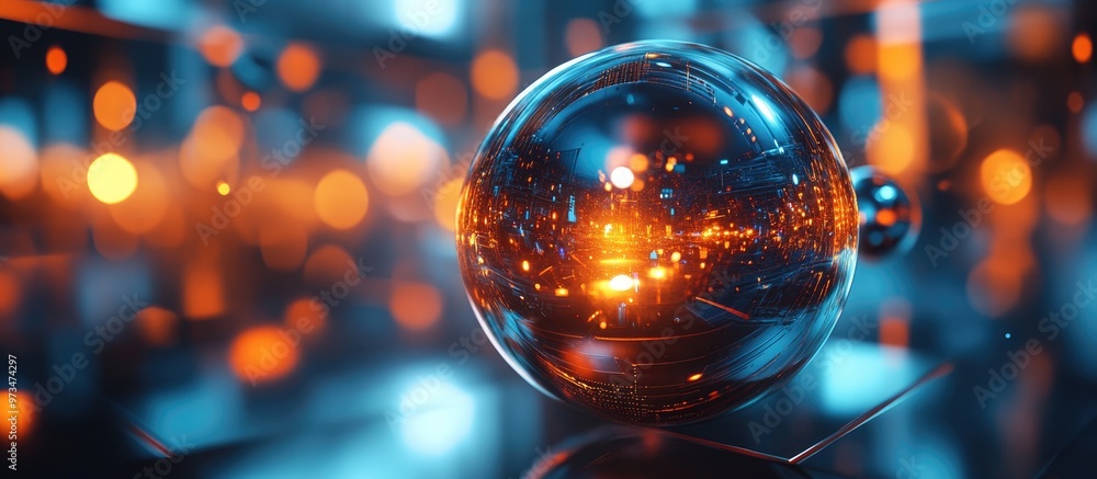 Poster futuristic background featuring a spherical quantum computer with depth of field 3d illustration