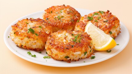 Deviled crab cakes garnished with parsley and served with a lemon wedge on a white plate. Studio food photography on a light background. Design for seafood menu, restaurant, or catering.

