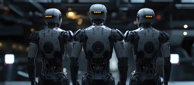 Detailed futuristic cyborgs in a group Three humanoid robots standing and observing their surroundings from a back view 3D illustration