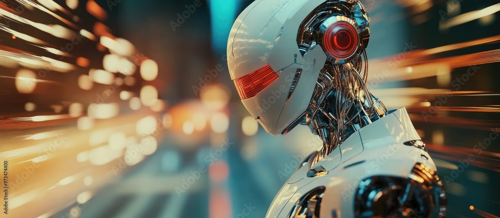 Poster 3d render of a cyborg robot with a blurred background showcasing concepts of automation and artifici