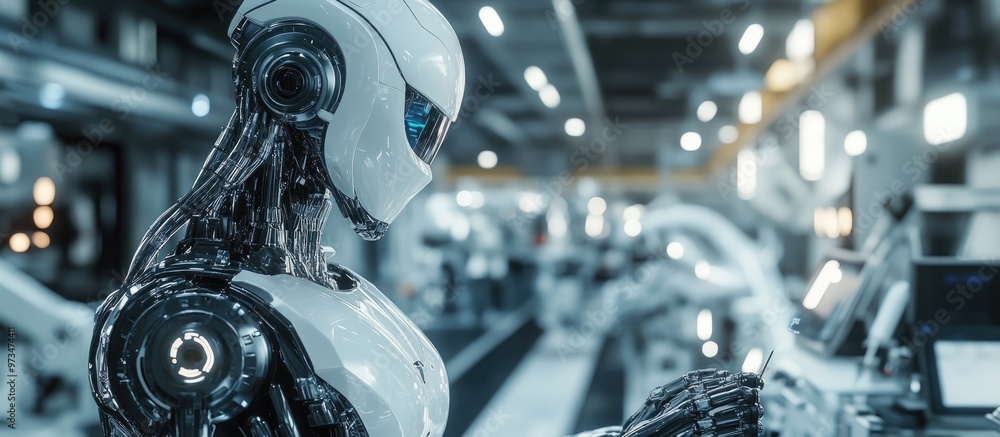 Poster 3d rendering of a cyborg controlling a robotic assembly line in an automotive manufacturing setting