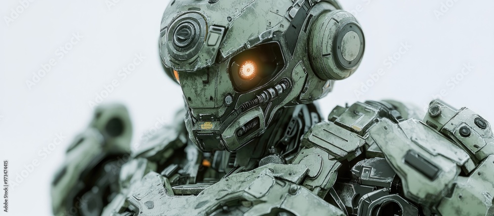 Poster futuristic mech soldier on a white background military robot features green and gray metallic armor 