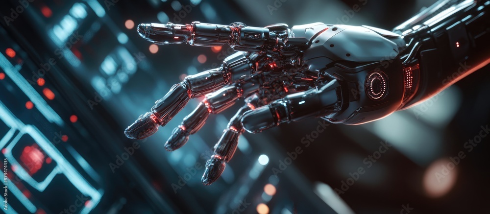Poster 3d rendering of a robotic hand interacting with digital graphics