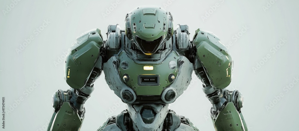 Poster futuristic mech soldier posed on a neutral background military style robot featuring green and gray 