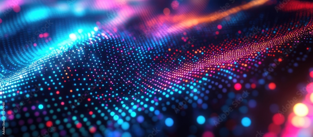 Poster close up view of an rgb led computer monitor screen displaying intricate pixel patterns in an abstra