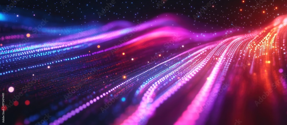 Poster 3d rendering of a vibrant neon mesh composed of luminous lines and dots abstract digital network wit