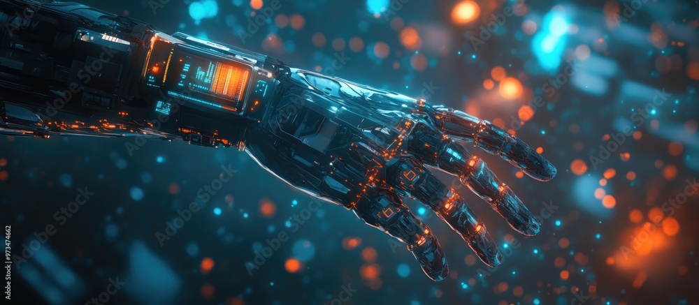 Poster cyborg hand gripping devices linked to a cloud multimedia network in a 3d rendering