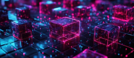 Vibrant neon background depicting blockchain concepts cryptography AI learnability and neural networks Holographic blocks arranged in an array 3D illustration and rendering