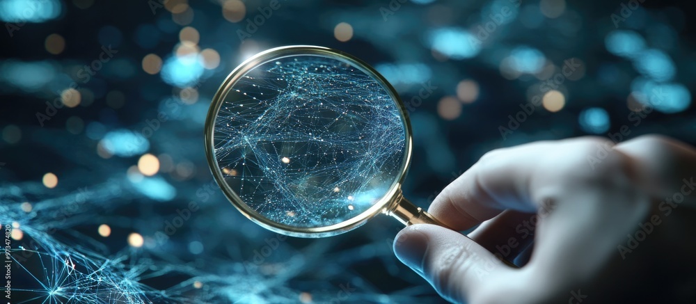 Poster hand holding a magnifying glass illustrating the use of ai search engines for data analysis and inte