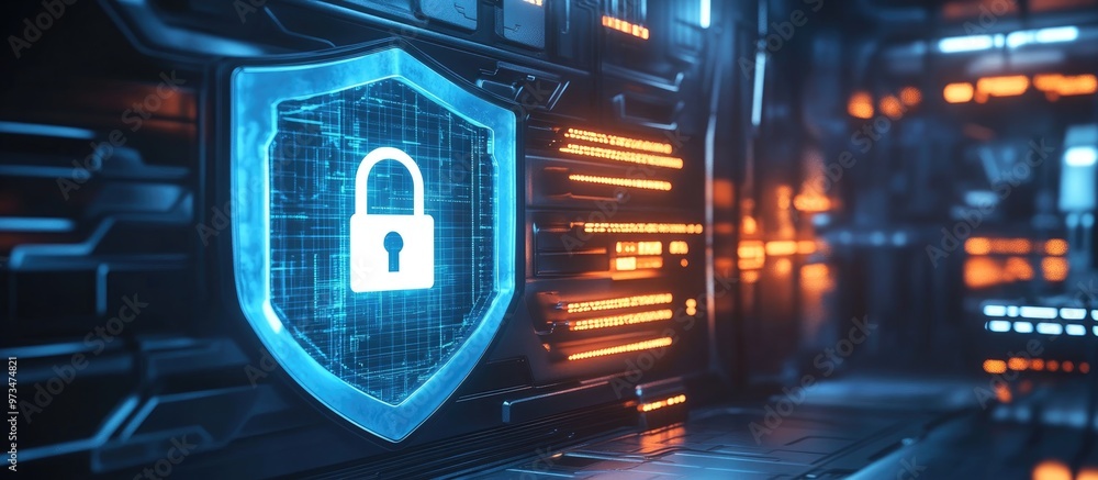 Poster 3d rendering of a blue shield featuring a white padlock in a tech themed environment emphasizing com