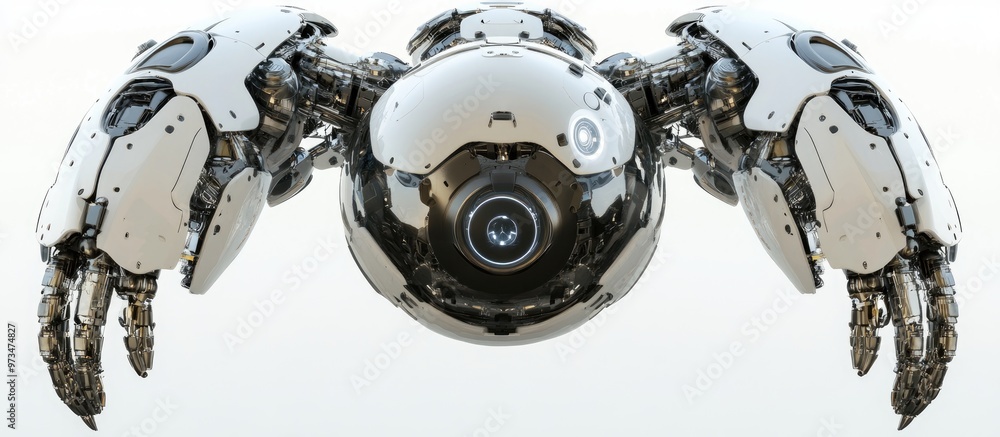 Poster spherical robot in flight illustration isolated on a white background raster version