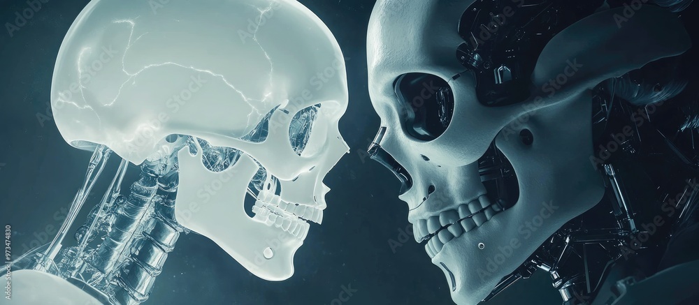 Aufkleber 3d render of a robot and human skull representing the concept of artificial intelligence