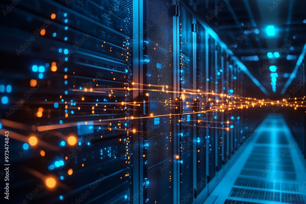 Poster abstract server room with glowing lights and data flowing through cables