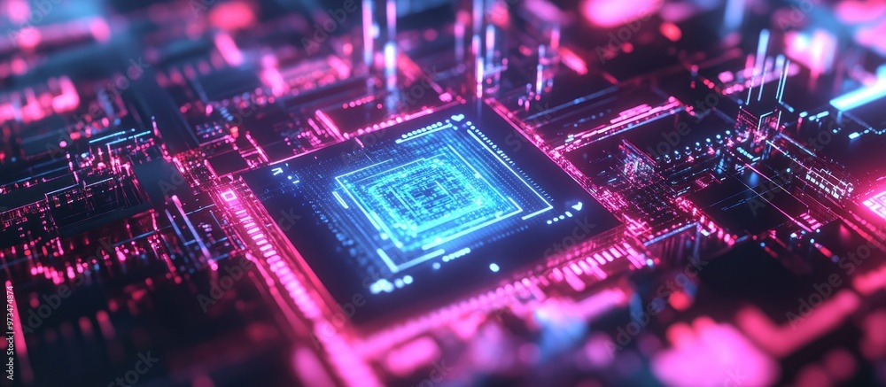 Poster futuristic processor concept featuring a quantum cpu within a nanotech computer network 3d illustrat