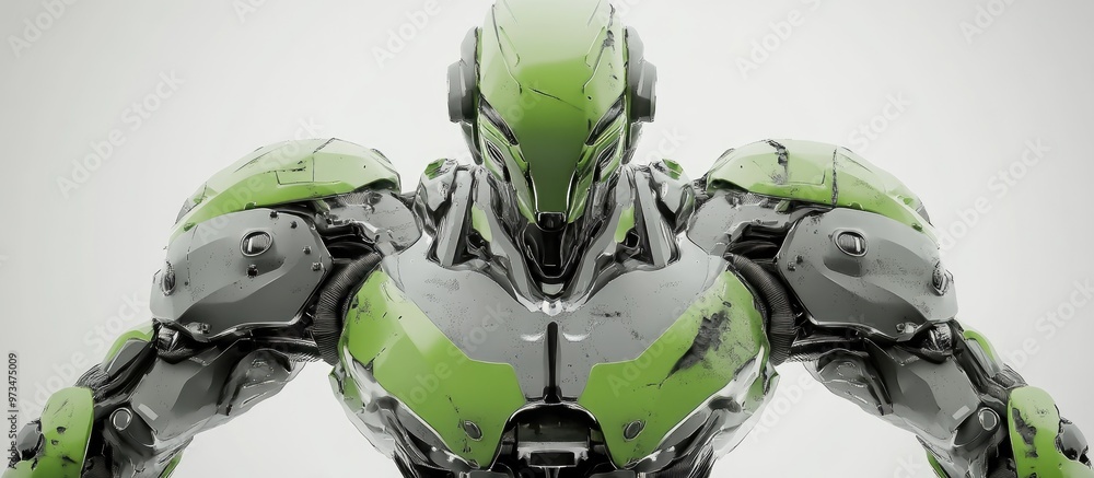 Poster futuristic mech soldier on a white background featuring a green and gray metallic design piloted rob