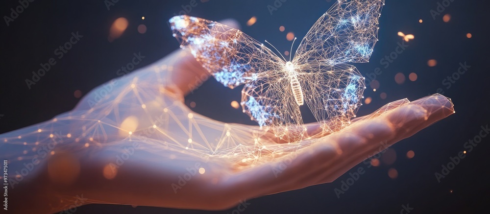 Poster digital butterfly takes flight from a hand symbolizing transformation and technological innovation a