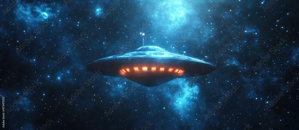 Poster alien spacecraft exploring deep space with a starry backdrop featuring a rear view of the ufo render