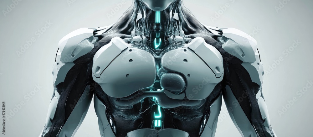 Poster futuristic humanoid torso featuring artificial human organs in a 3d model rendering