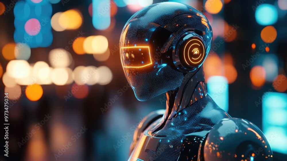 Poster humanoid figure on a blurred backdrop designing an artificial intelligence interface