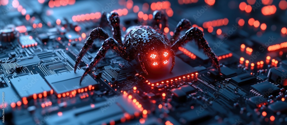 Poster a futuristic technological illustration featuring computer chips designed to resemble a bug or spide