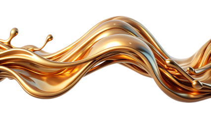 A dynamic wave of golden liquid with splashes, perfect for backgrounds, design, and modern art projects. Transparent or white background.