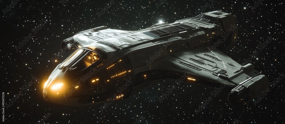 Poster alien spacecraft soaring through deep space with twinkling stars as a backdrop captured from a rear 