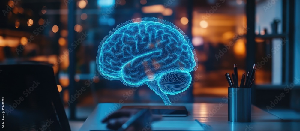 Poster man using a pen to create a virtual hologram of a human brain sketch set against a blurred office ba