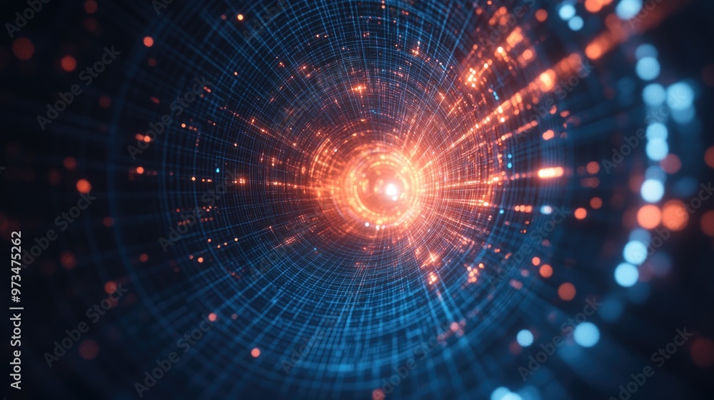 Poster abstract radial grid and lighting composition symbolizing the intersection of technology science and