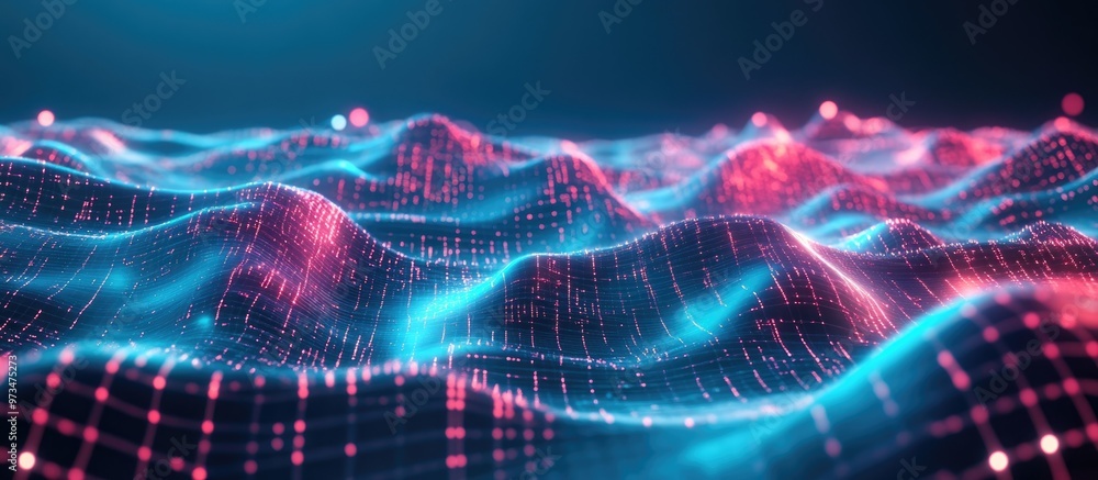 Poster futuristic cybernetic background featuring big data visualization abstract 3d landscape with a grid 