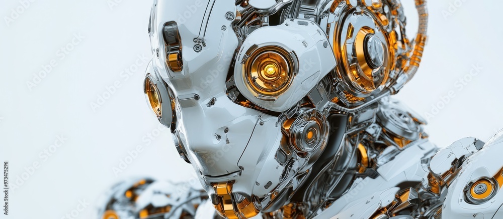 Poster close up view of an amazing robot with intricate details represented in a 3d illustration format