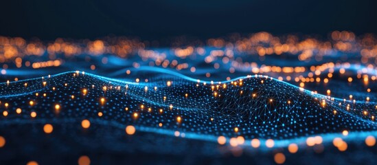 Abstract illustration of data technology featuring a low poly design with connecting dots and lines against a dark background showcasing 3D rendering and big data visualization concepts