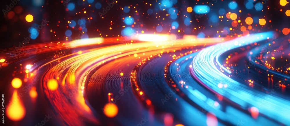 Poster blurred light effects with neon glows create an abstract background reminiscent of night traffic