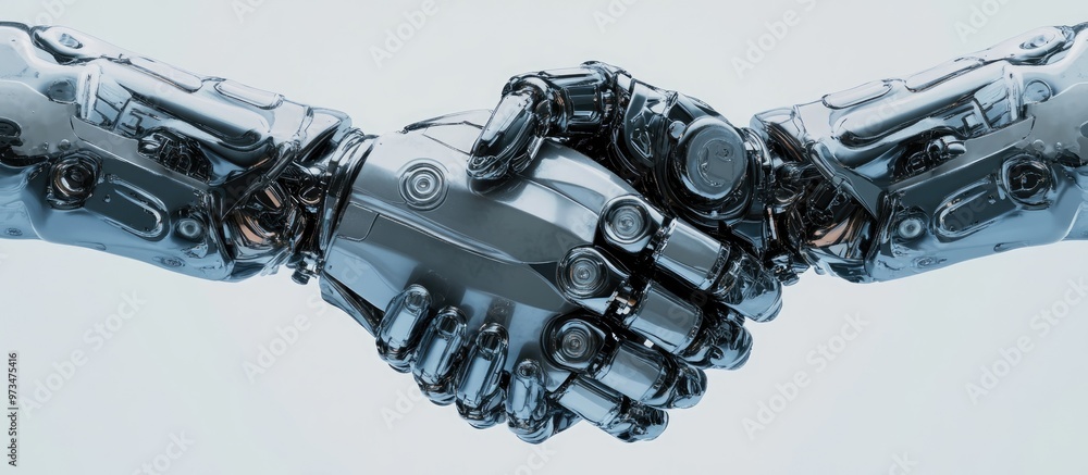 Poster handshake of a metallic robot crafted from mechanical components like ratchets bolts and nuts