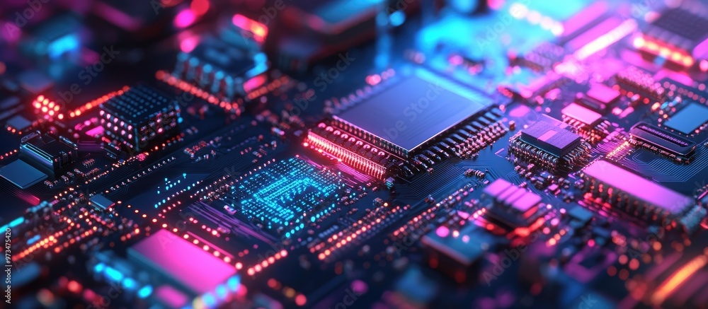 Poster ai processor and circuit board concept featuring vibrant colors that illustrate data transfer in a 3