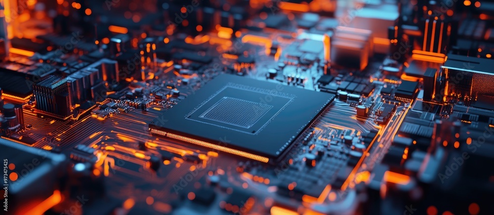 Poster back view of a computer motherboard with a cpu chip ideal for a technology or science themed backgro