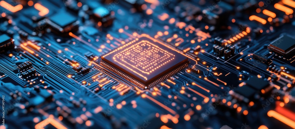 Poster close up of an electronic circuit board featuring ai microchips representing the concept of artifici