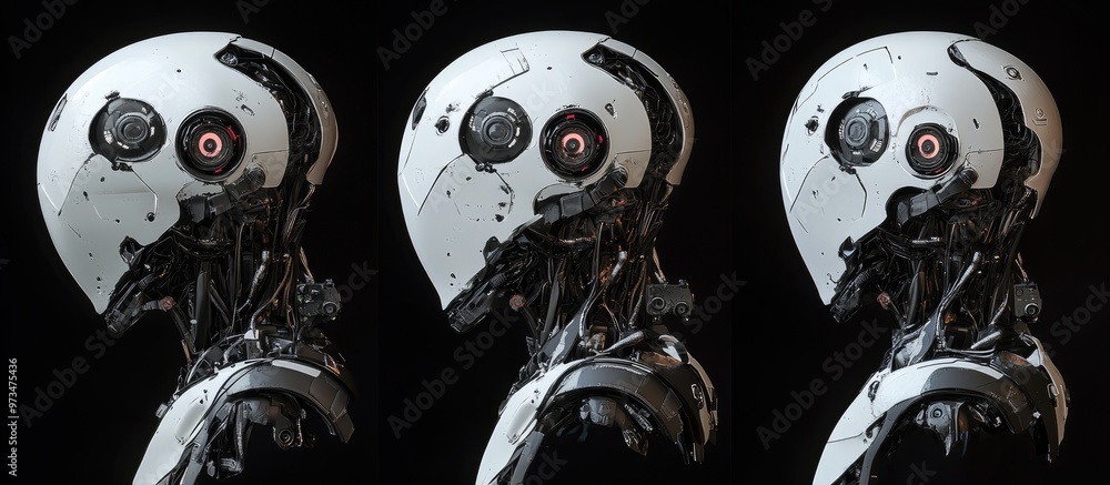 Poster futuristic robot head displayed from various perspectives set against a black background 3d renderin