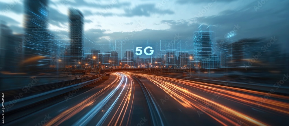 Poster 5g wireless network systems and iot technology with a blurred highway overpass and an urban skyline 