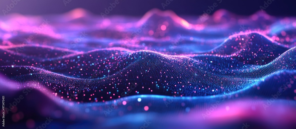 Poster abstract blue and violet wave texture with luminous blurred particles digital landscape background r