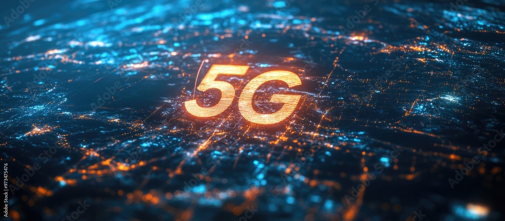 Poster 5g holographic network showcasing wireless internet and internet of things against a global backdrop
