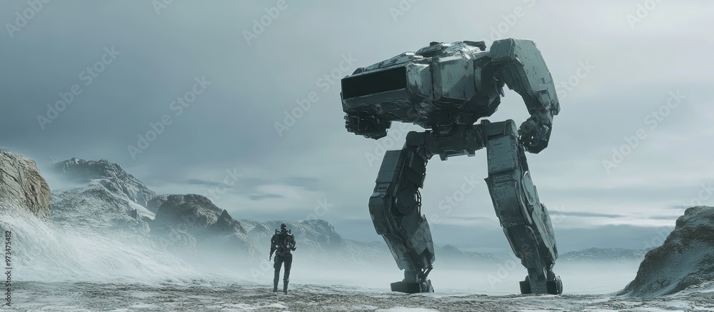 Poster futuristic mech soldier in a landscape showcasing a green and gray armored robot controlled by a pil