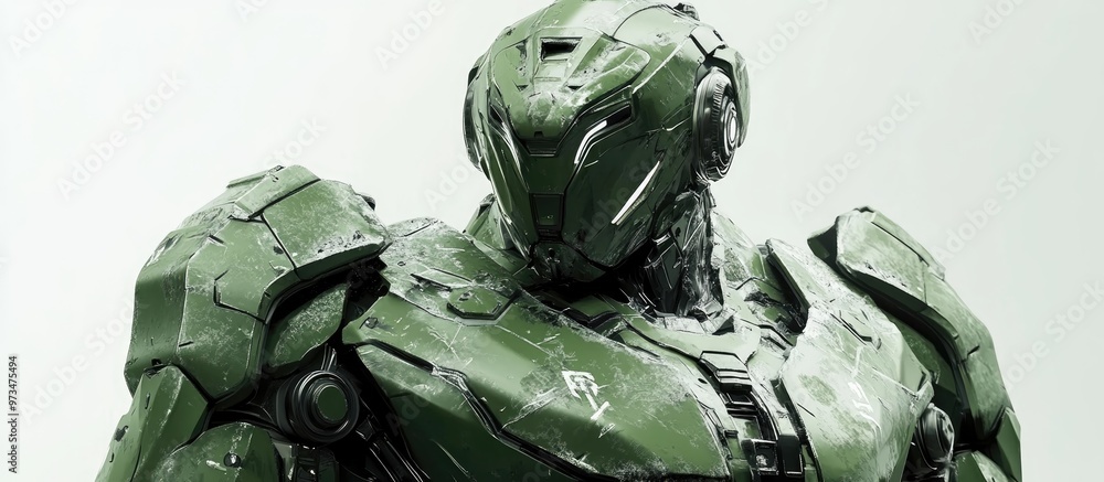 Poster futuristic mech soldier in green and gray metallic armor stands against a white background scratch m