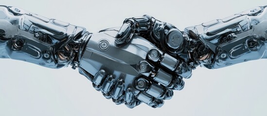 Handshake of a metallic robot crafted from mechanical components like ratchets bolts and nuts