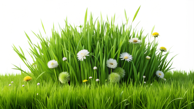 A lush patch of green grass adorned with delicate white daisies, representing the beauty of nature and a refreshing garden aesthetic. Transparent or white background.