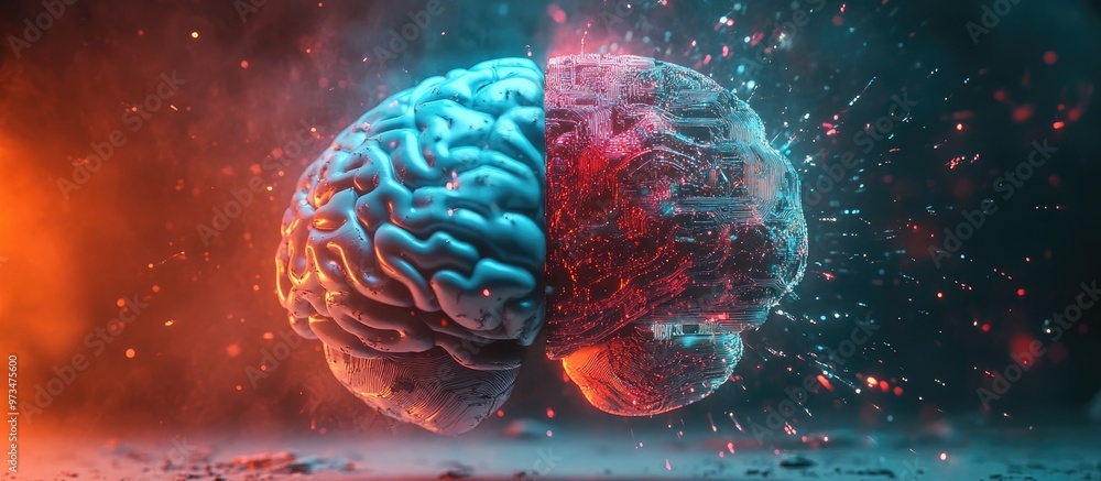 Poster conceptual image representing artificial intelligence and copyright featuring a split design of a hu