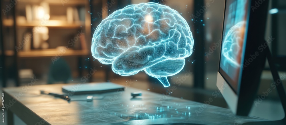Aufkleber double exposure of a workspace featuring a computer and a holographic drawing of a human brain symbo