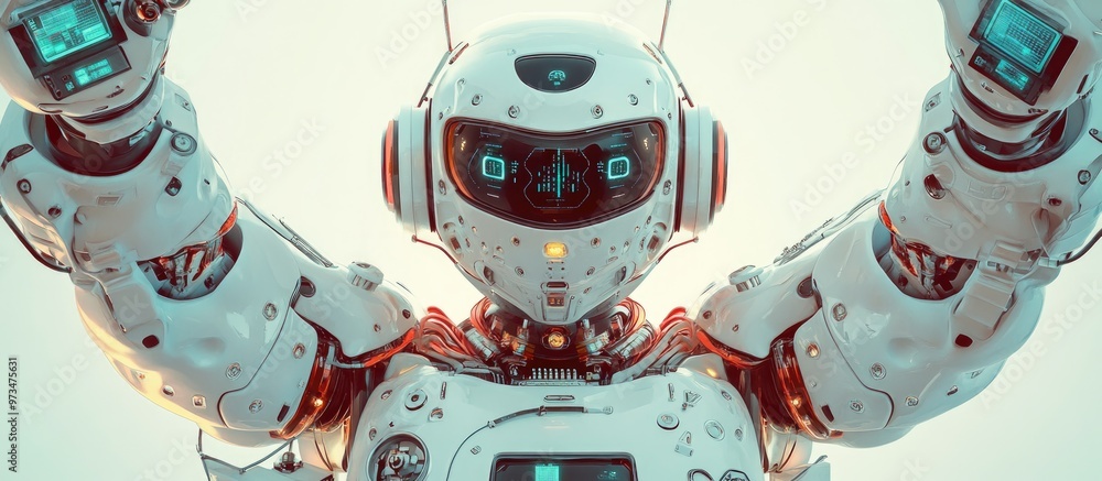 Poster 3d rendering of a robot ai with arms raised showcasing various vintage technology devices