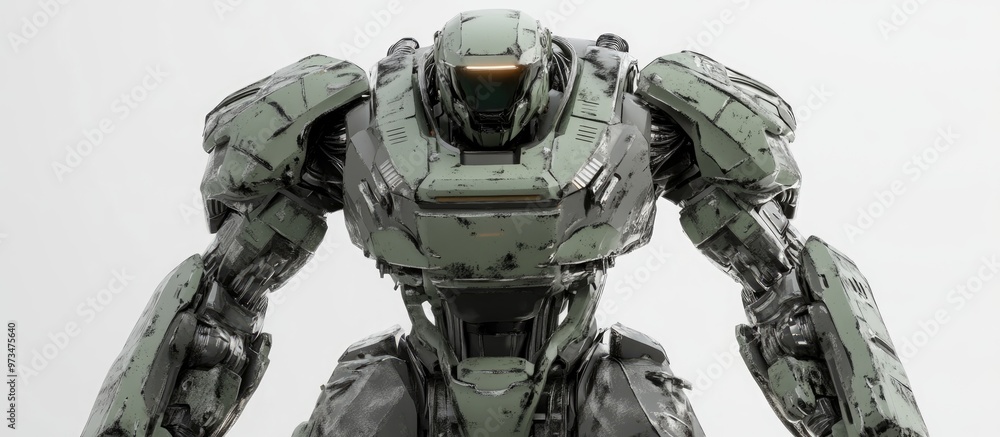 Poster futuristic mech soldier in green and gray armor against a white background robot controlled by a pil